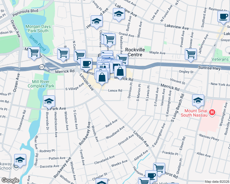 map of restaurants, bars, coffee shops, grocery stores, and more near 50 Lenox Road in Rockville Centre
