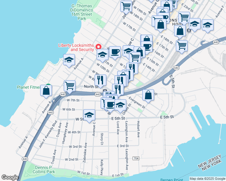 map of restaurants, bars, coffee shops, grocery stores, and more near 11 West 8th Street in Bayonne