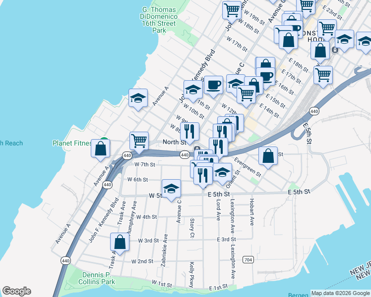 map of restaurants, bars, coffee shops, grocery stores, and more near 12 North Street in Bayonne