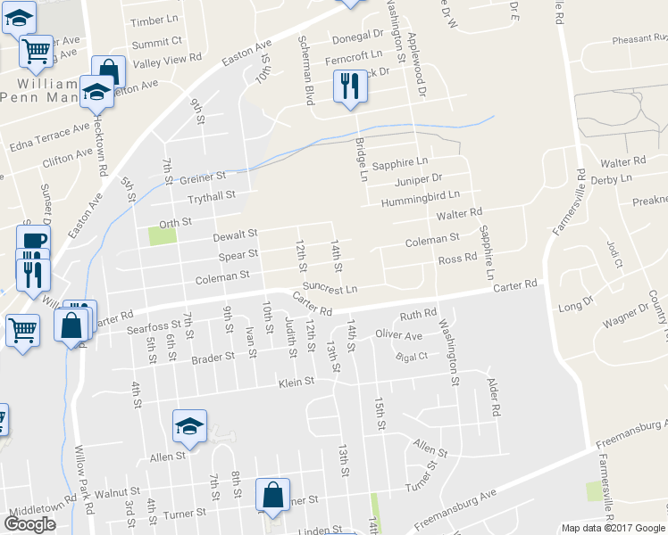 map of restaurants, bars, coffee shops, grocery stores, and more near 3934 Coleman St in Bethlehem