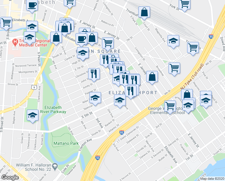 map of restaurants, bars, coffee shops, grocery stores, and more near 534 1st Avenue in Elizabeth