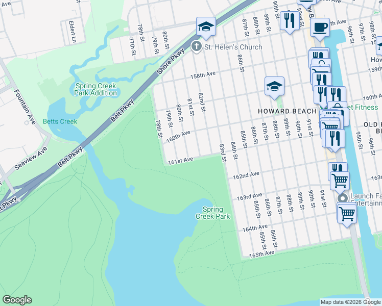 map of restaurants, bars, coffee shops, grocery stores, and more near 16043 80th Street in Queens