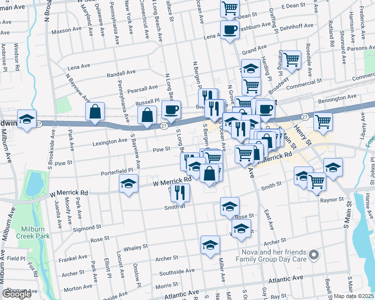 map of restaurants, bars, coffee shops, grocery stores, and more near 73 South Long Beach Avenue in Freeport