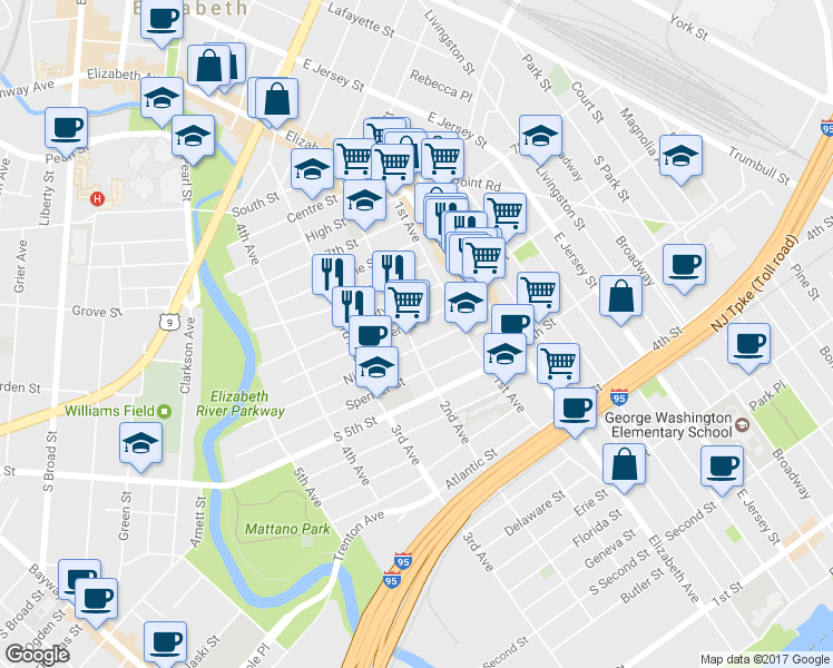 map of restaurants, bars, coffee shops, grocery stores, and more near 549 2nd Avenue in Elizabeth
