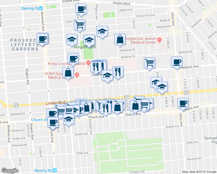 map of restaurants, bars, coffee shops, grocery stores, and more near 121 East 39th Street in Brooklyn