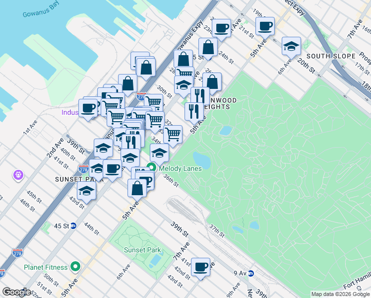 map of restaurants, bars, coffee shops, grocery stores, and more near 226 32nd Street in Brooklyn