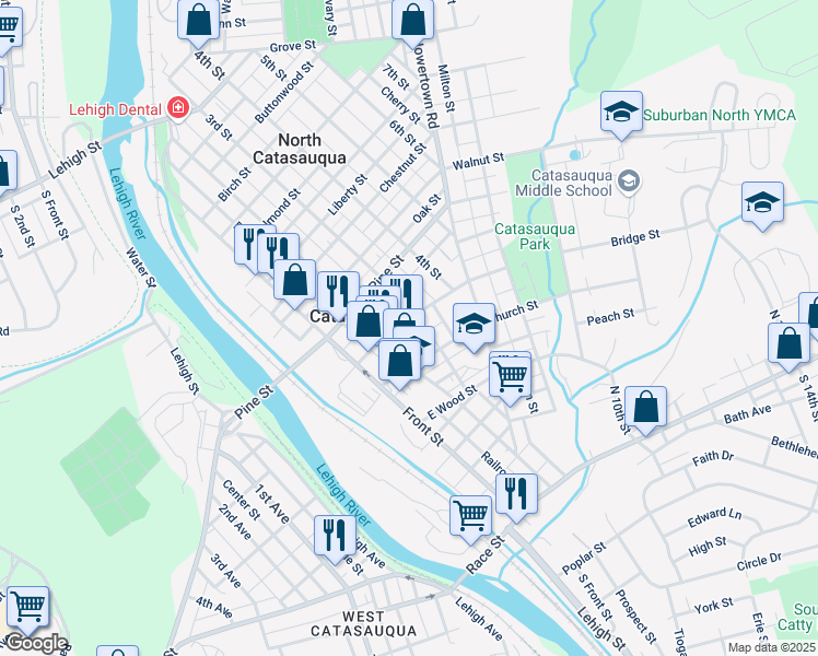 map of restaurants, bars, coffee shops, grocery stores, and more near 225 Bridge Street in Catasauqua