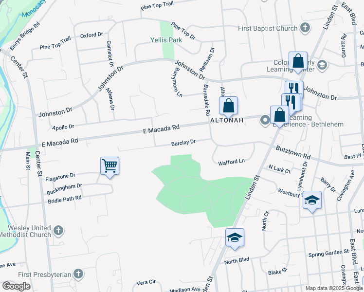map of restaurants, bars, coffee shops, grocery stores, and more near 710 Barclay Drive in Bethlehem