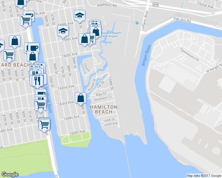 map of restaurants, bars, coffee shops, grocery stores, and more near 162-28 104th Street in Queens