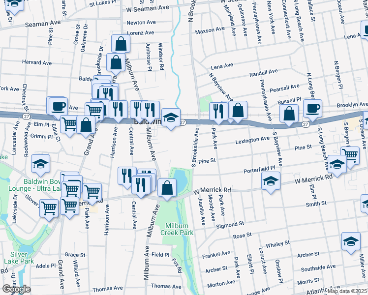 map of restaurants, bars, coffee shops, grocery stores, and more near 80 South Brookside Avenue in Freeport