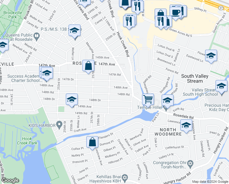 map of restaurants, bars, coffee shops, grocery stores, and more near 259-19 148th Road in Queens