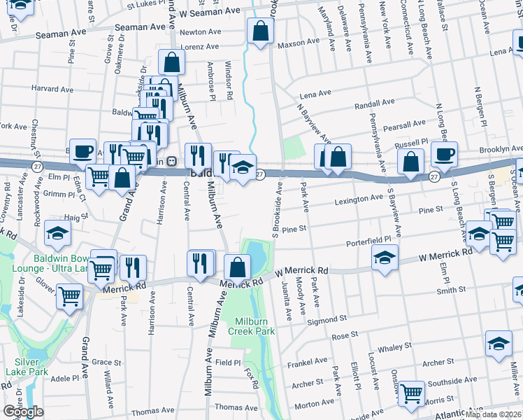 map of restaurants, bars, coffee shops, grocery stores, and more near 80 South Brookside Avenue in Freeport