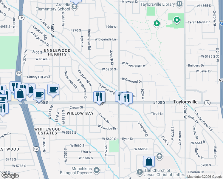map of restaurants, bars, coffee shops, grocery stores, and more near 3246 West Royalwood Circle in Taylorsville