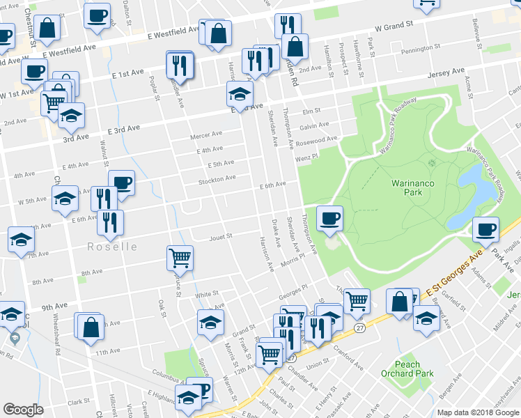 map of restaurants, bars, coffee shops, grocery stores, and more near 635 Harrison Avenue in Roselle