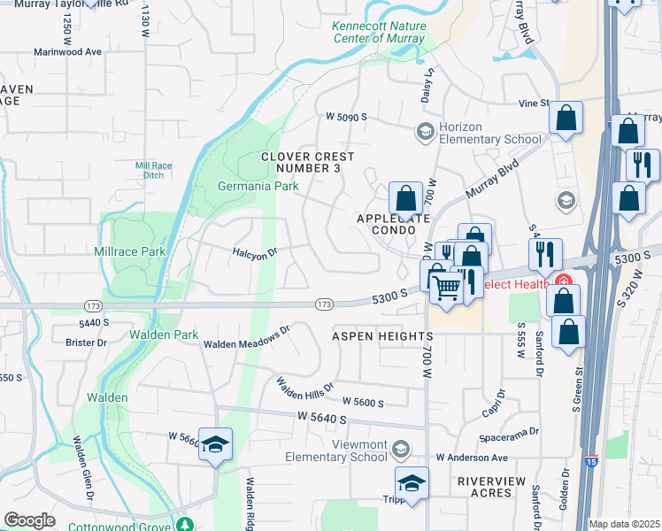 map of restaurants, bars, coffee shops, grocery stores, and more near 850 Clover Meadow Drive in Murray