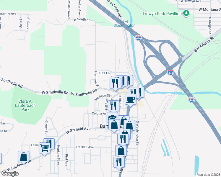 map of restaurants, bars, coffee shops, grocery stores, and more near 113 Roosevelt Street in Bartonville