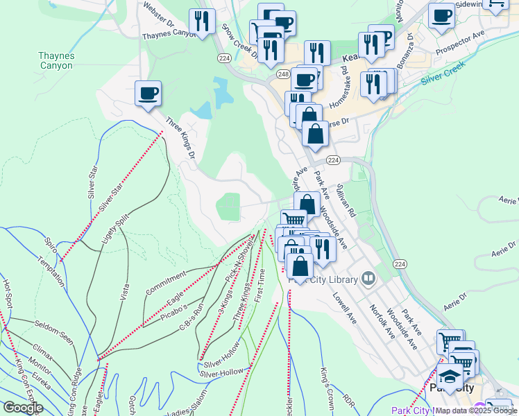 map of restaurants, bars, coffee shops, grocery stores, and more near 401 Silver King Drive in Park City