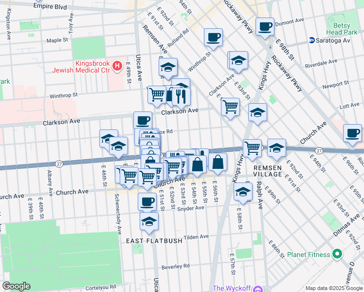 map of restaurants, bars, coffee shops, grocery stores, and more near 227B East 53rd Street in Brooklyn