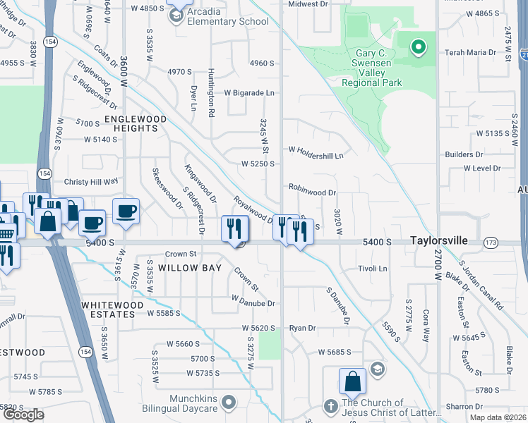 map of restaurants, bars, coffee shops, grocery stores, and more near 3246 West Royalwood Circle in Taylorsville