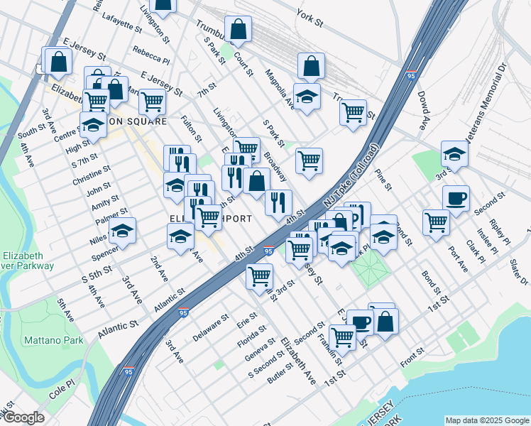 map of restaurants, bars, coffee shops, grocery stores, and more near 424 East Jersey Street in Elizabeth