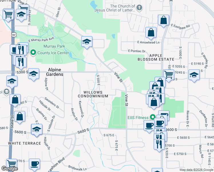 map of restaurants, bars, coffee shops, grocery stores, and more near 5348 Trunk Bay Circle in Murray