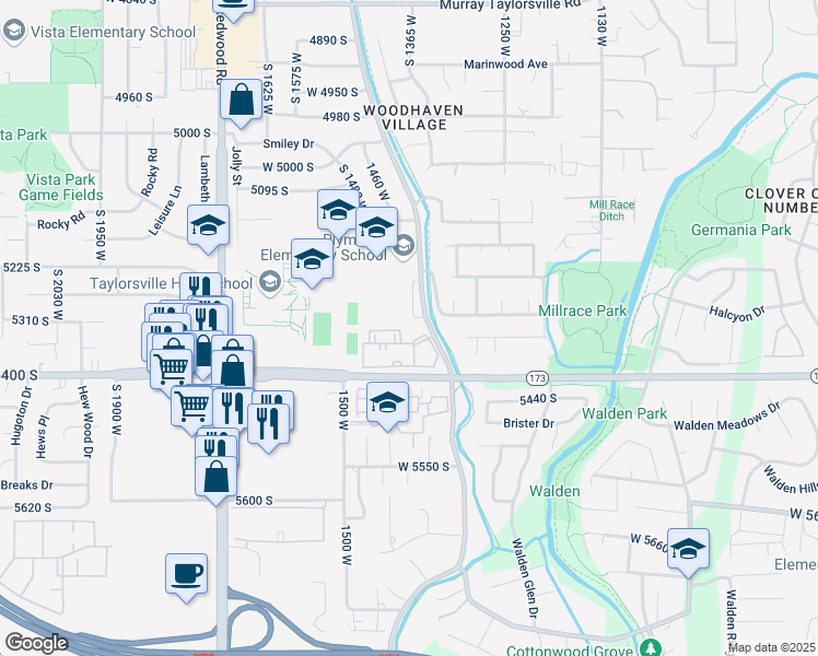 map of restaurants, bars, coffee shops, grocery stores, and more near 5321 Beacon Hill Circle in Murray
