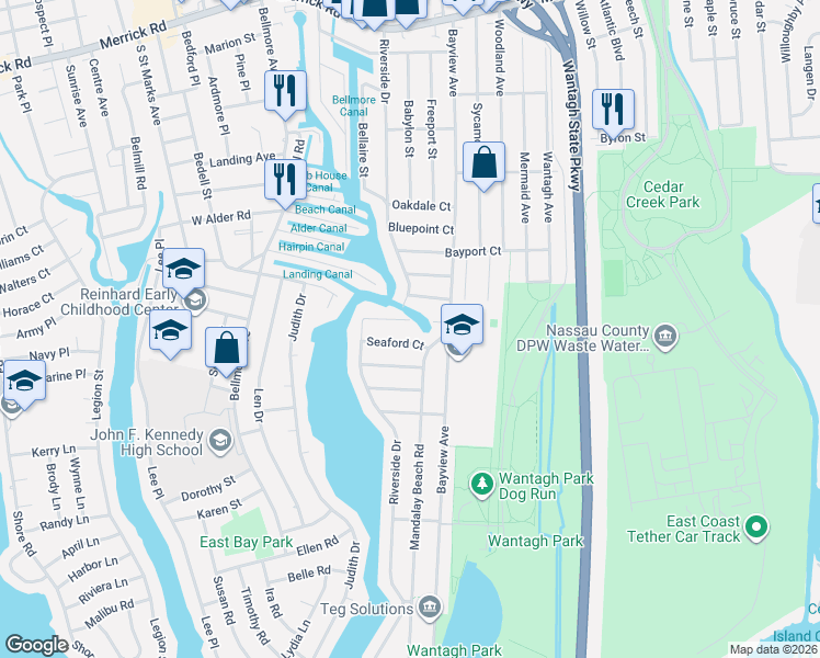 map of restaurants, bars, coffee shops, grocery stores, and more near 2623 Riverside Drive in Wantagh