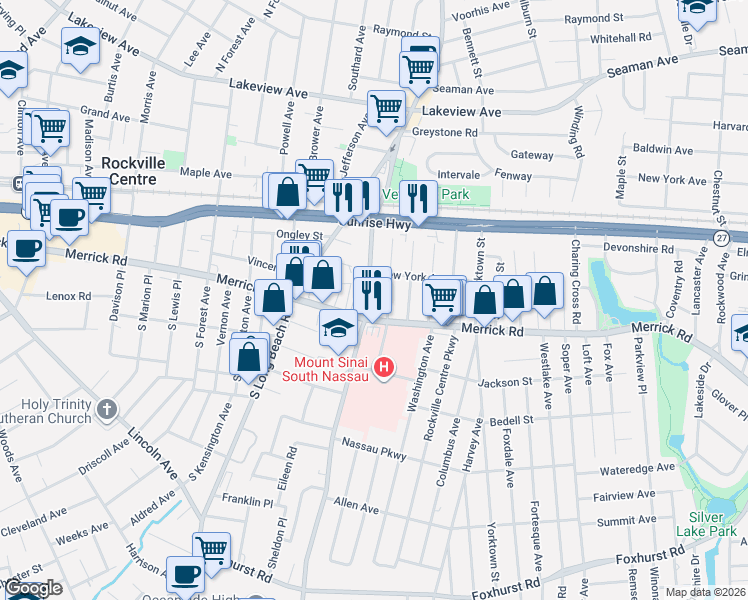 map of restaurants, bars, coffee shops, grocery stores, and more near 18 Cumberland Street in Rockville Centre