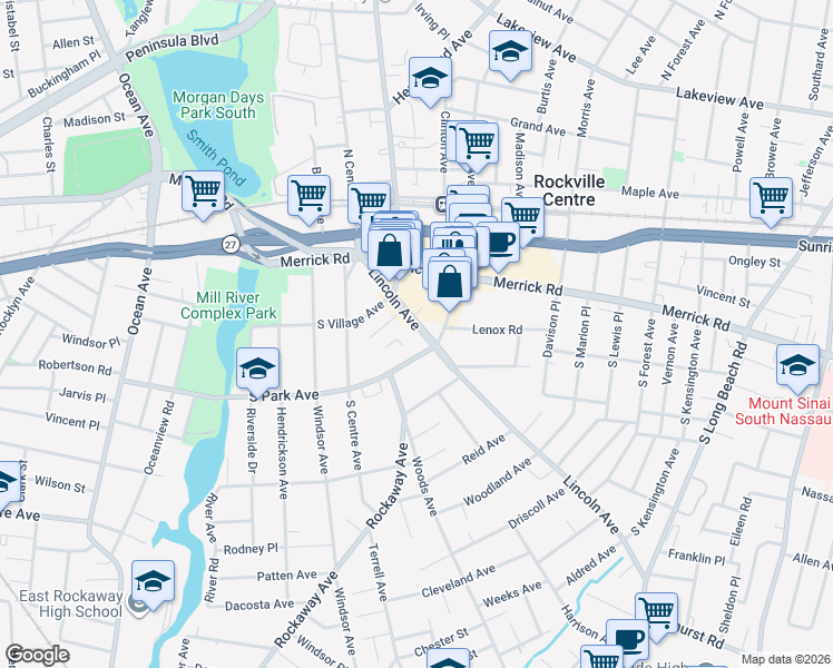 map of restaurants, bars, coffee shops, grocery stores, and more near 80 Lincoln Avenue in Rockville Centre