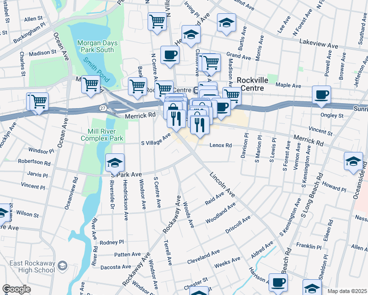 map of restaurants, bars, coffee shops, grocery stores, and more near 80 Lincoln Avenue in Rockville Centre