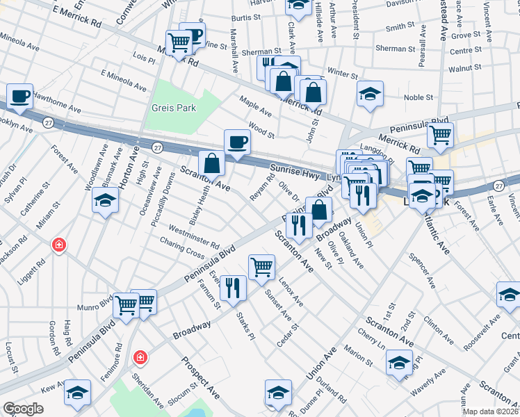 map of restaurants, bars, coffee shops, grocery stores, and more near 75 Sunrise Drive in Lynbrook