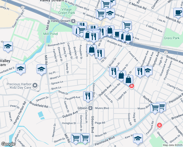 map of restaurants, bars, coffee shops, grocery stores, and more near 31 Gibson Boulevard in Valley Stream
