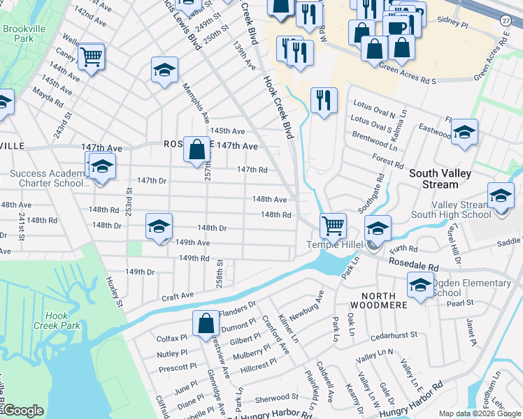 map of restaurants, bars, coffee shops, grocery stores, and more near 259-45 148th Road in Queens
