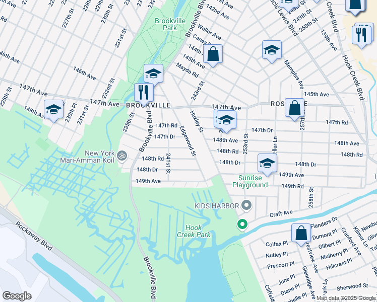 map of restaurants, bars, coffee shops, grocery stores, and more near 148-08 Edgewood Street in Queens