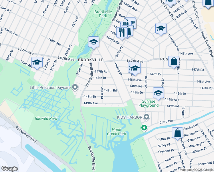map of restaurants, bars, coffee shops, grocery stores, and more near 241-08 148th Avenue in Queens