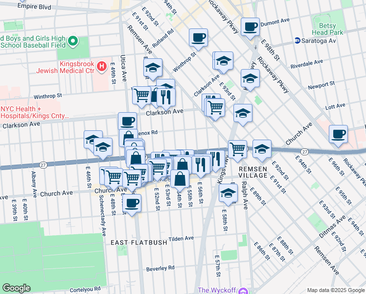 map of restaurants, bars, coffee shops, grocery stores, and more near 150 East 55th Street in Brooklyn
