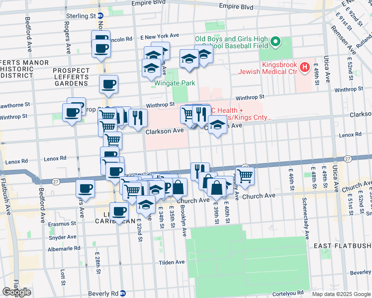map of restaurants, bars, coffee shops, grocery stores, and more near 450 Lenox Road in Brooklyn
