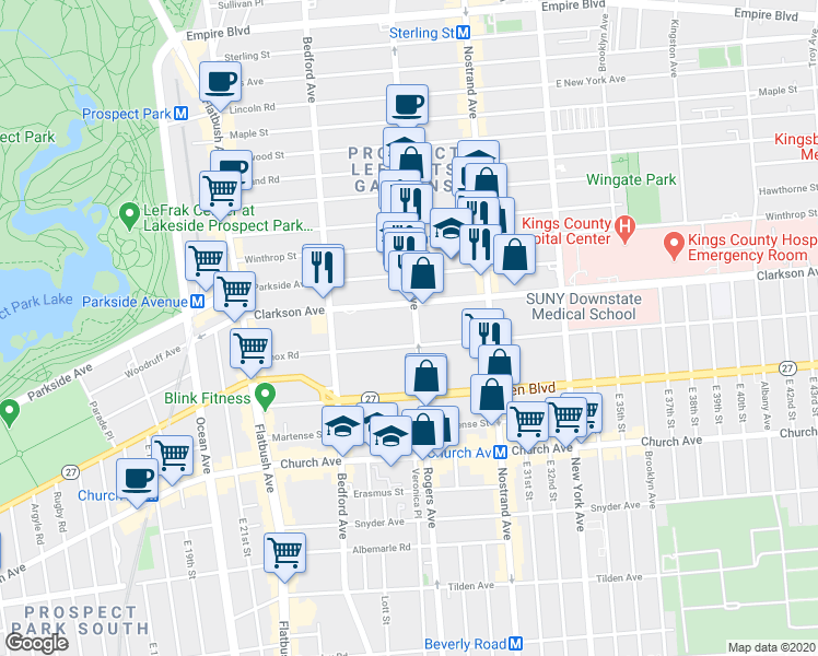 map of restaurants, bars, coffee shops, grocery stores, and more near 690 Rogers Avenue in Brooklyn