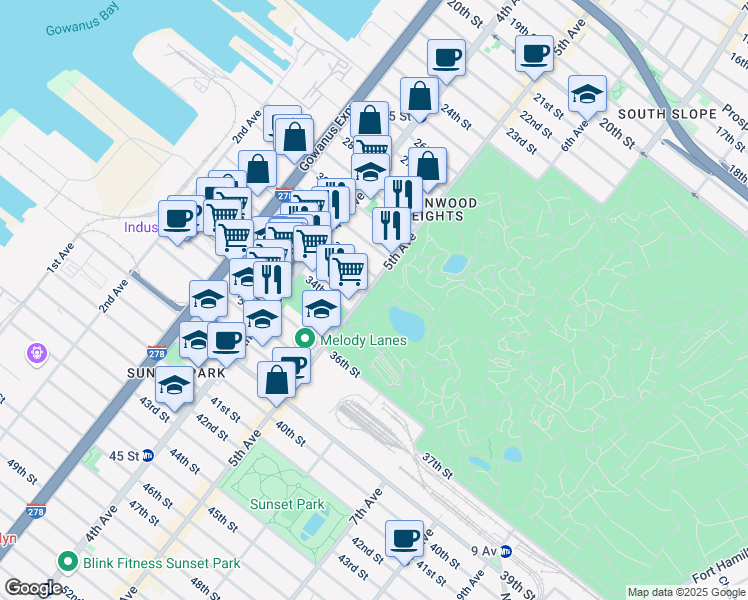 map of restaurants, bars, coffee shops, grocery stores, and more near 226 32nd Street in Brooklyn