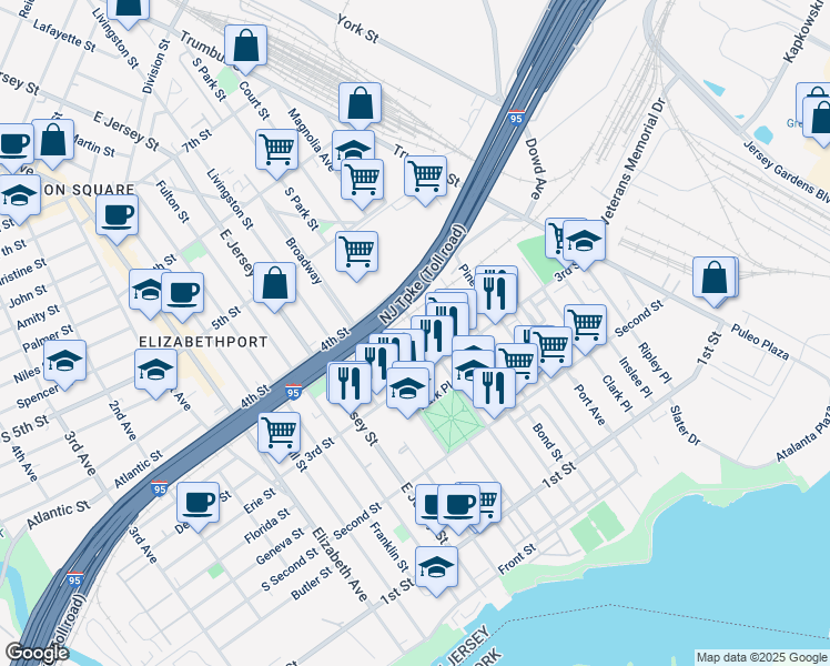 map of restaurants, bars, coffee shops, grocery stores, and more near 319 Court Street in Elizabeth