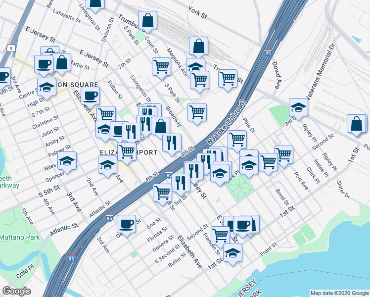 map of restaurants, bars, coffee shops, grocery stores, and more near 410 Livingston Street in Elizabeth