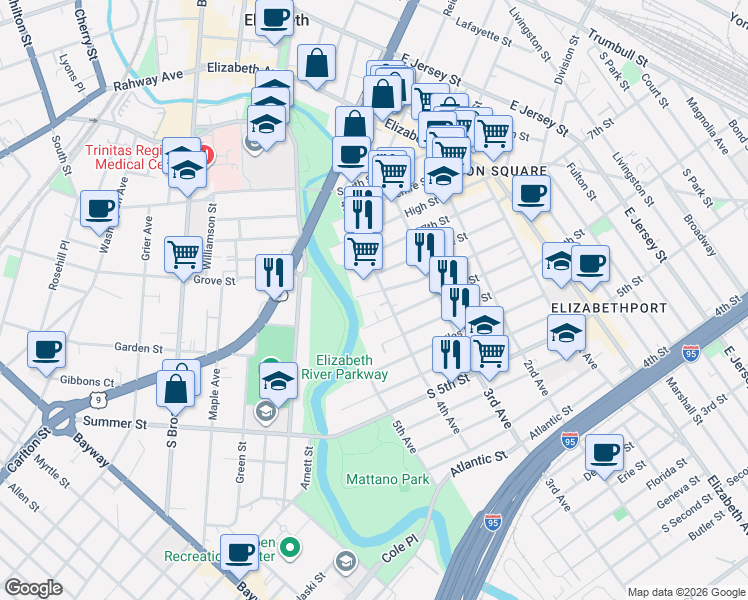 map of restaurants, bars, coffee shops, grocery stores, and more near 416 John Street in Elizabeth