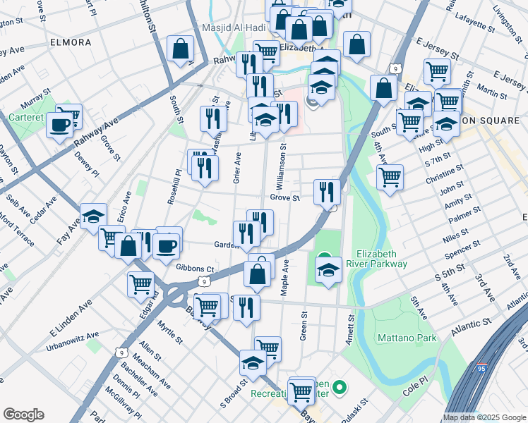 map of restaurants, bars, coffee shops, grocery stores, and more near 428 South Broad Street in Elizabeth