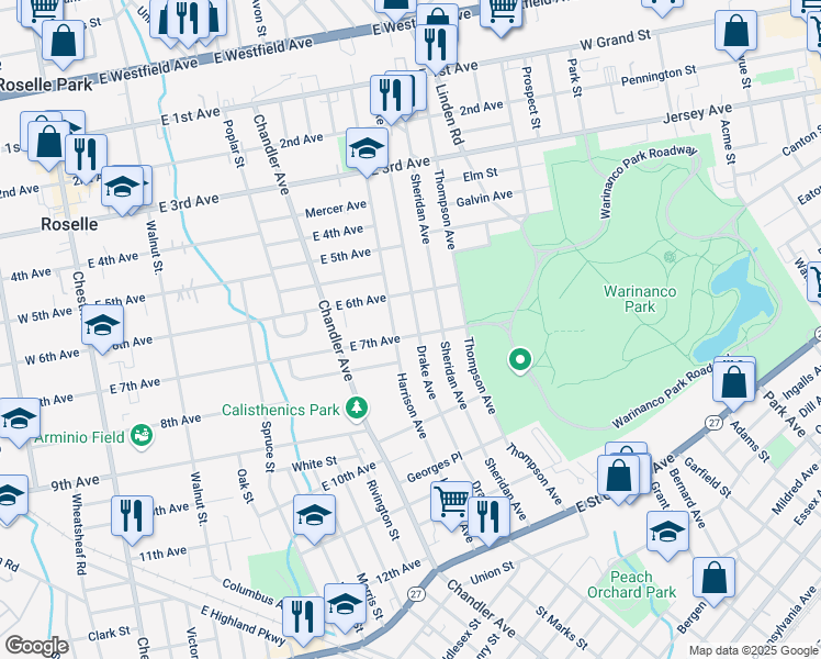 map of restaurants, bars, coffee shops, grocery stores, and more near 635 Harrison Avenue in Roselle