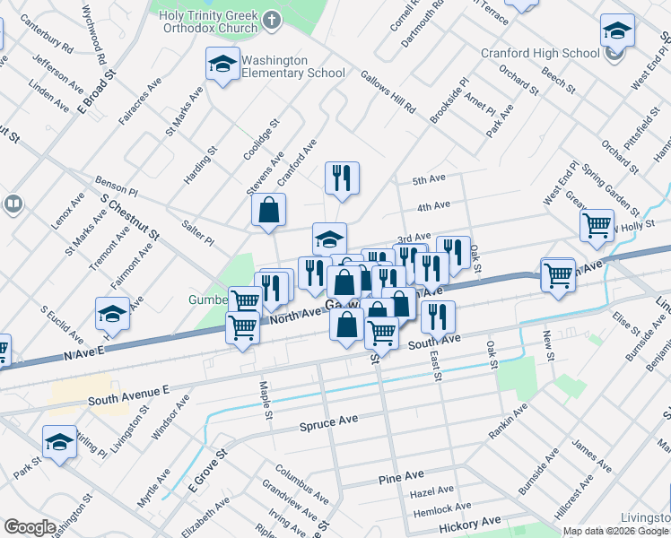 map of restaurants, bars, coffee shops, grocery stores, and more near 202 Walnut Street in Garwood