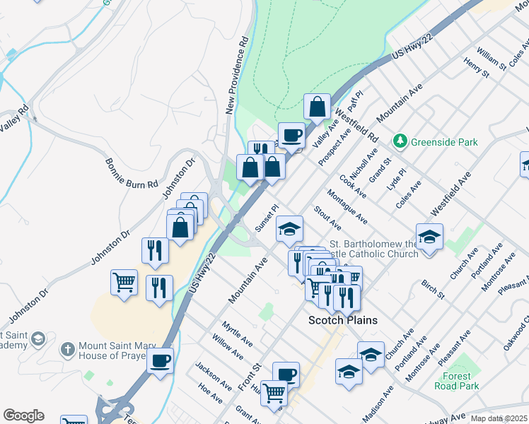 map of restaurants, bars, coffee shops, grocery stores, and more near 1933 Sunset Place in Scotch Plains