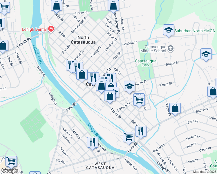 map of restaurants, bars, coffee shops, grocery stores, and more near 225 Bridge Street in Catasauqua