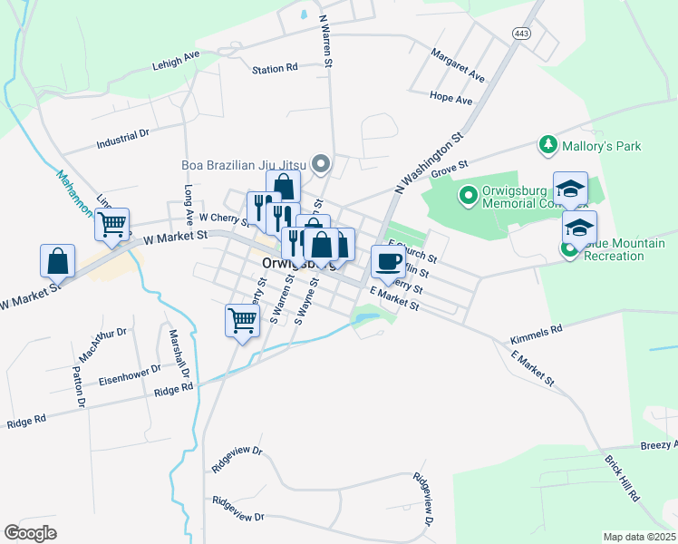 map of restaurants, bars, coffee shops, grocery stores, and more near 207 East Market Street in Orwigsburg