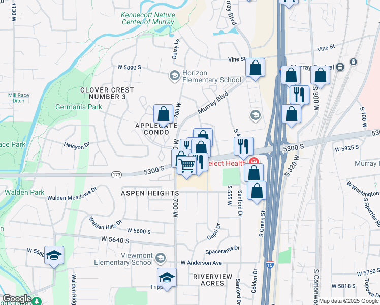 map of restaurants, bars, coffee shops, grocery stores, and more near 5364 Murray Ridge Road in Murray