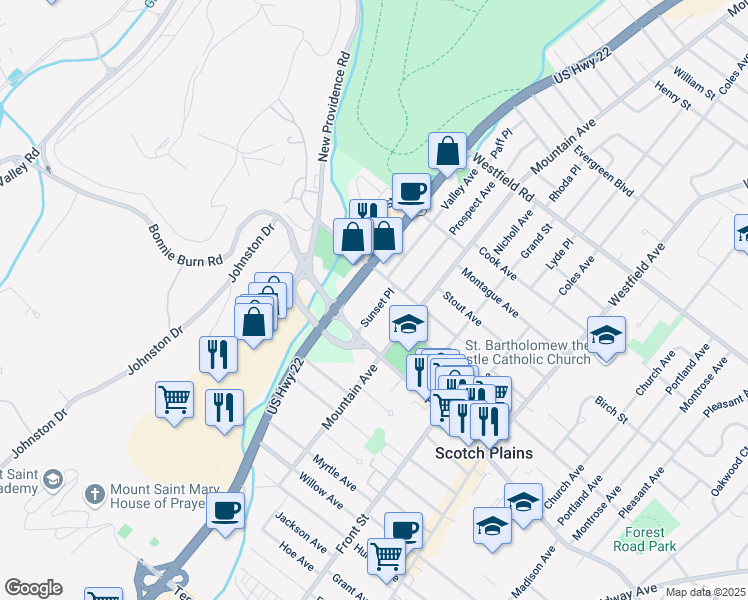 map of restaurants, bars, coffee shops, grocery stores, and more near 1933 Sunset Place in Scotch Plains